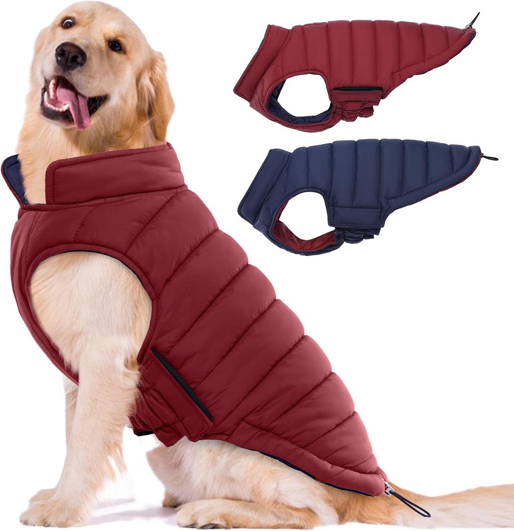 Lelepet Reversible Dog Coat Waterproof Dog Jacket Windproof Puffer Vest for Winter Warm Lightweight Coats for  Dogs Adjustbale Hook & Loop Pet Apparel with Leash Hole, Pitbull, Wine Red, XL
