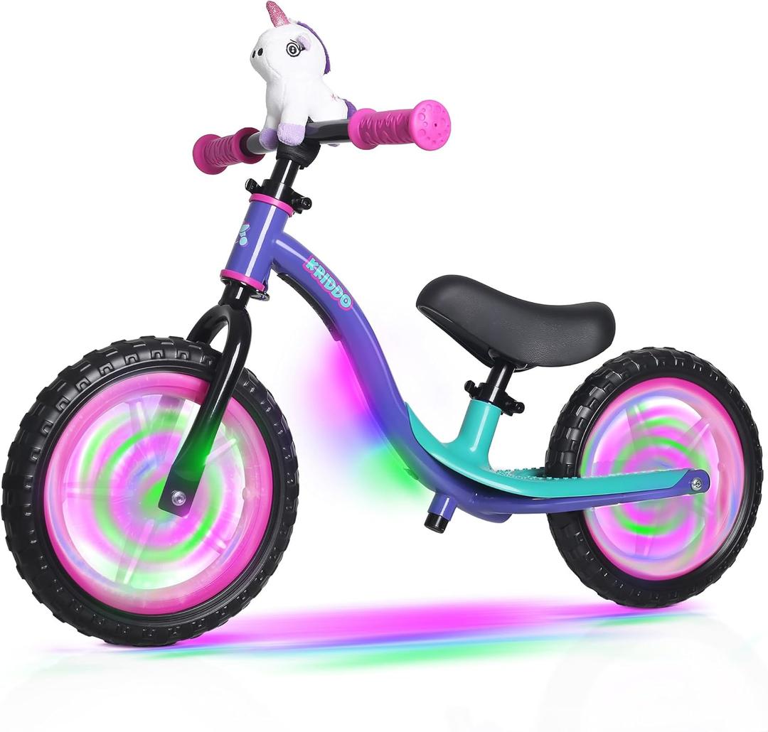 KRIDDO Toddler Balance Bike 2 Year Old, Colorful Lighting Kids Balance Bike for 2-5 Years Old, 12 Inch Balance Bicycle with Riding Buddy, Tool-Free, Adjustable Seat, Handlebar, Gift for 2-3 Girls Boys