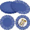 MCEAST 100 Pack Round Blue Paper Doilies 13.5 Inches Lace Place Mats Rustic Scallop Doily Disposable Paper Table Pads for Food Cakes Crafts Party Weddings Tableware Decor