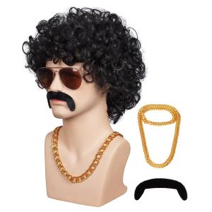 ColorGround 3-Pieces Chain and Moustache and Short Curly Wig for 70'S Disco Party (Black (3 pieces set))