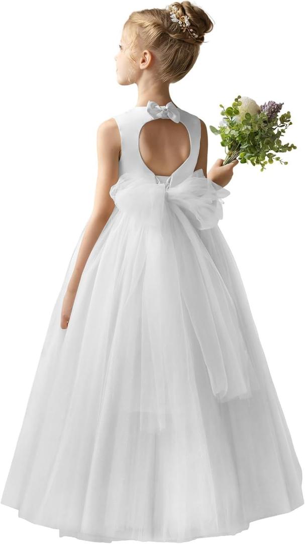 HEWEGO Elegant Floor Length Flower Girl Dresses for Juniors with Belt A-Line Puffy Satin Tulle Prom Gowns for Wedding Christmas Party White Size 8