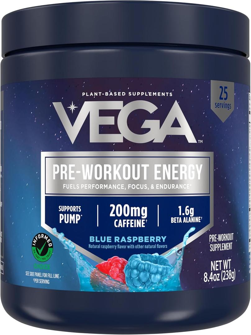 Vega Pre-Workout - 200mg Caffeine, Energy & Focus Drink Mix, Blue Raspberry, 25 Servings, 1.6g Beta Alanine, 6g Citrulline Malate, Vegan, Gluten-Free, Dairy Free, No Sugar Added, 8.4oz, Best Before: 2027/JAN/06