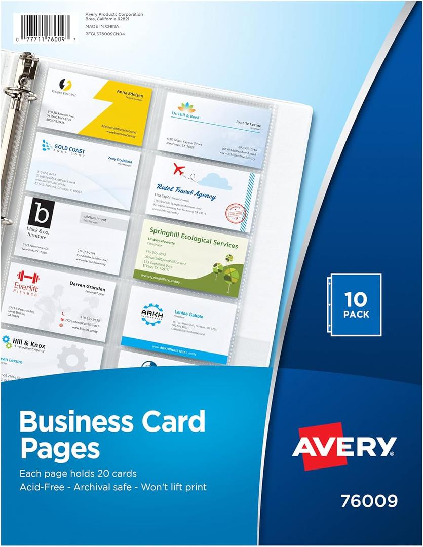 Avery Clear Business Card Organizer Pages for 3 Ring Binders, Pack of 10, Holds 200 Cards Total (76009)