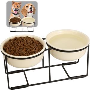 Ceramic Elevated Dog Bowl Set - Raised Food and Water Bowls with Metal Stand - Double Pet Dishes for Small and Medium Dogs - 2 Cups - 27 fl oz - Beige