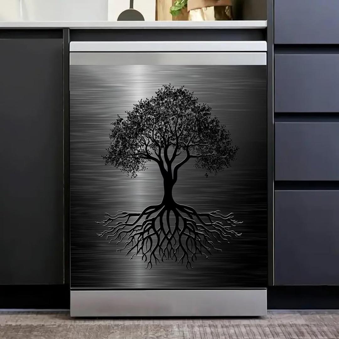 Dishwasher Magnet Cover Black Tree of Life Dishwasher Cover Magnetic Sticker Brushed Stainless Steel Effect Kitchen Appliances Fashion Door Cover Magnet Decor Decal 23" x 26" Magnetic
