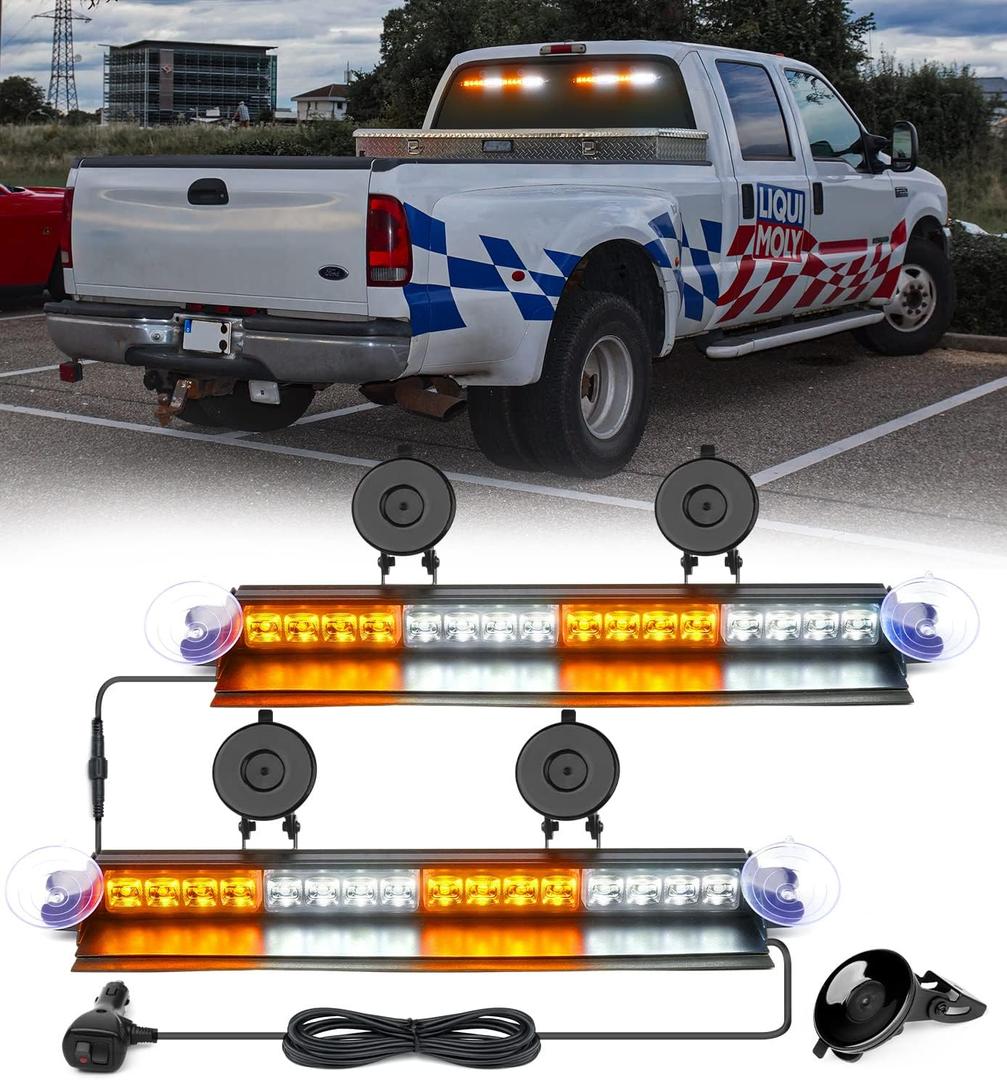 Xprite Windshield Dash Strobe Dual Light Bar Aluminum w/Suction Cups, White&Amber LED Deck Hazard Caution Flashing Traffic Advisor Lights Bar for Emergency Construction Plow EMS POV Vehicles Trucks