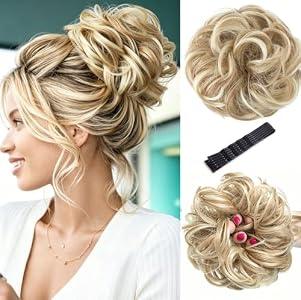 MEEZY Dirty Blonde Large Messy Bun Piece Hair Scrunchies for Women, 1.94 Oz Thick Wavy Curly Elastic Hair Bun Ponytail Extensions Synthetic Wigs Hairpieces with Pins for Updo Wedding Cosplay Costume