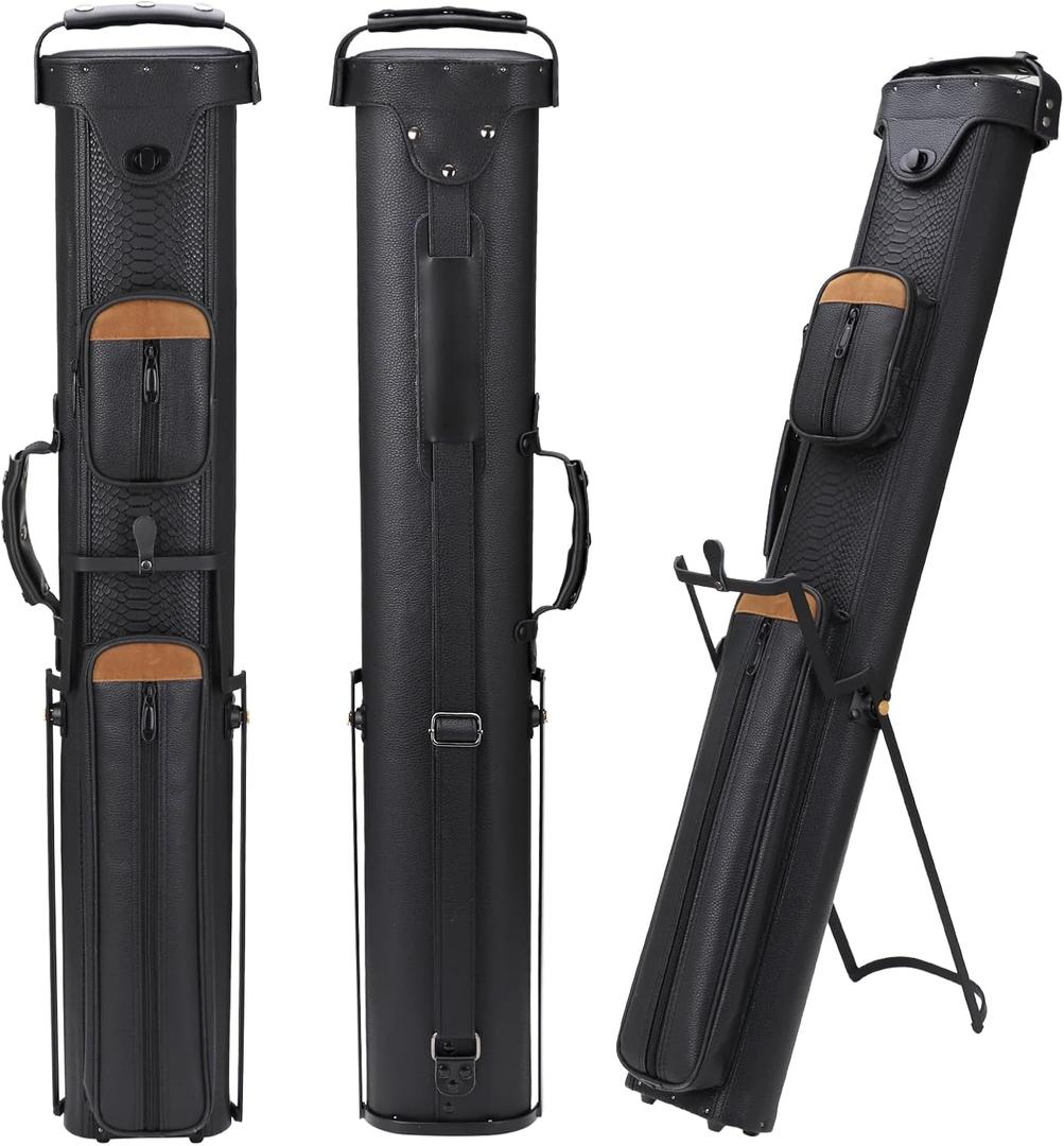2x4 Pool Cue Case, Hard Pool Cue Case, Billiard Cue Case with Stand, Billiards Accessories Holds 2 Cue Butt and 4 Cue Shafts (Black+brown)
