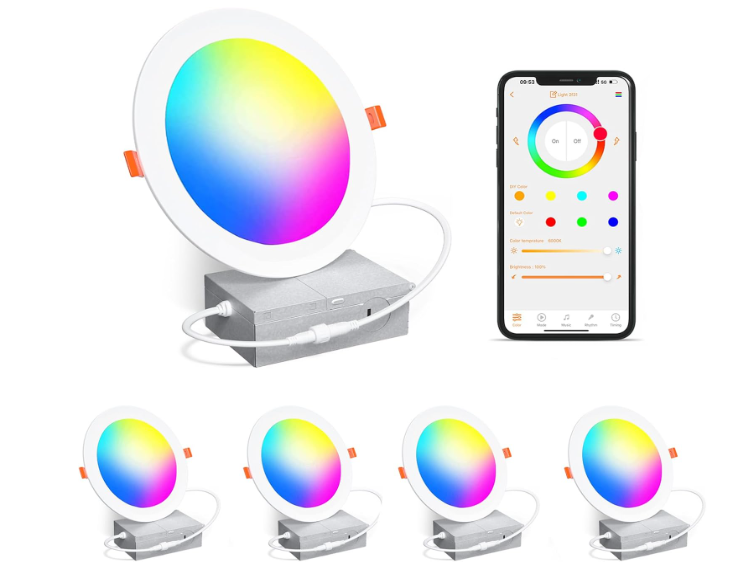 Smart Recessed Lighting 4 Inch RGBCW Color Changing 12W LED Recessed Ceiling Light with Junction Box,2700 K-6000K,1080LM Canless Downlight Compatible with Alexa,Dimmable by Bluetooth Control (4 Pack)
