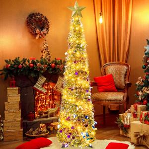 6FT Pop Up Christmas Tinsel Tree - Collapsible Colorful Sequin Artificial Christmas Pencil Trees with Top Star and 100 Lights Decorations for Home Apartment Party Indoor Outdoor (Colorful Golden)