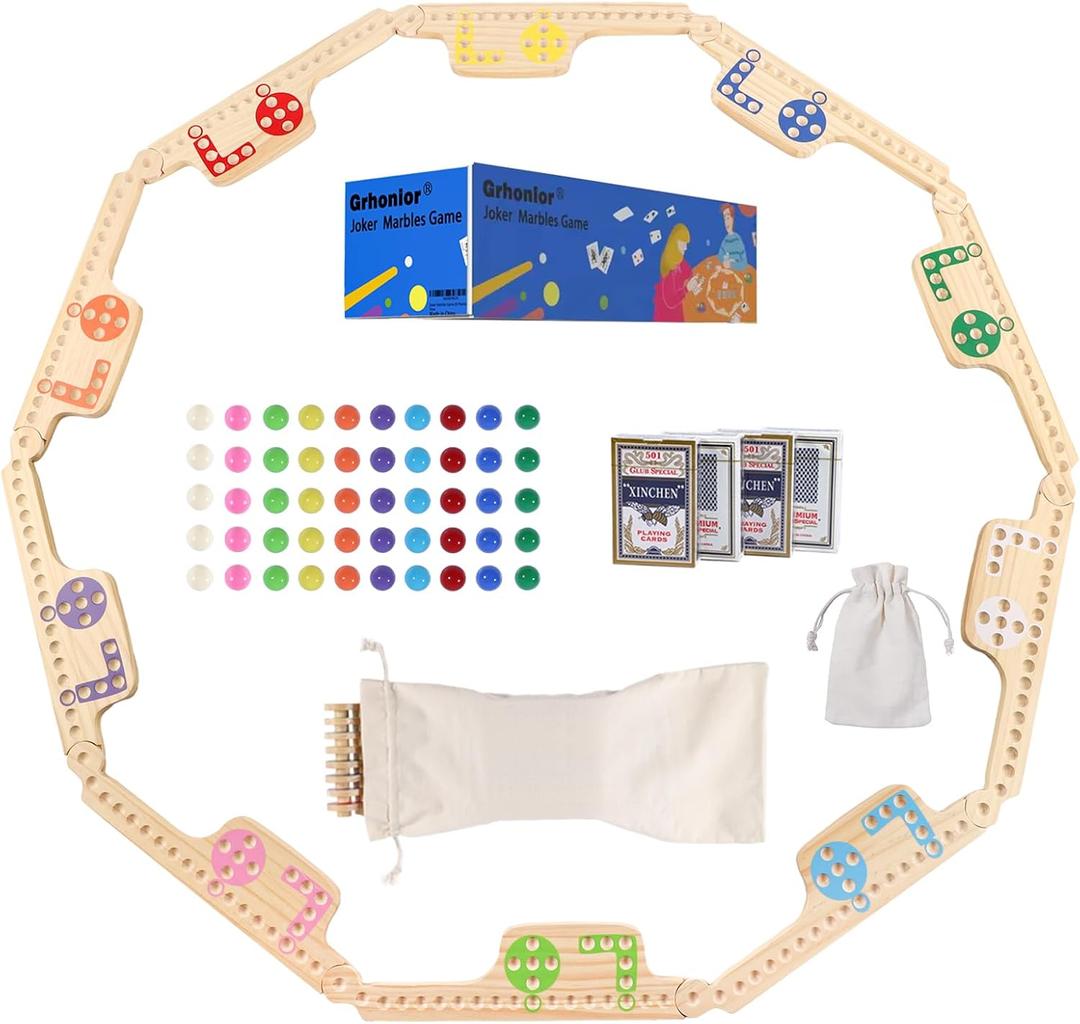 Upgraded Version 10 Player Interlocking Pegs and Jokers Board Game Wood,Multiplayer Portable Marbles and Jokers Game with Cards for Adults Travel Family Party Game