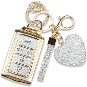 Compatible with Jeep Key Fob Cover with Keychain, Car Key Shell for Women Compatible with Grand Cherokee L Grand Wagoneer L Wagoneer Grand Cherokee L 2021-2023 Protector (5 Buttons-Gold)