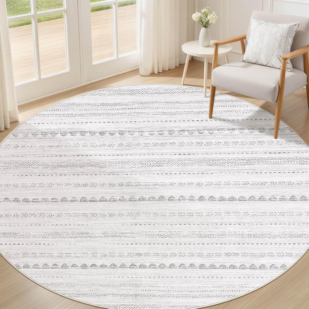Nakagishi Round Rug Boho Area Rugs: 4x4 Washable Large Circle Neutral Soft Stain Resistant Non-Slip Carpet for Women Aged 25-45 Farmhouse Decor Enthusiasts - Living Room Bedroom Dining Room Nursery