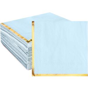 Fulmoon 100 Pack 2 Ply Cocktail Napkins Paper Gold Foil Trim Edge Beverage Dessert Disposable Paper Napkins Dinner Baby Shower Wedding Birthday Party Tableware Decorations, 5 x 5 Inches (Light Blue)