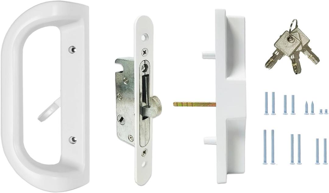 Sliding Patio Door Handle Set with Key Cylinder and Mortise Lock Fits 3-15/16 Screw Hole Spacing, Sliding Glass Door Latch Lock Replacement Part, Fits Door Thickness from 1in to 1.75 in (White)
