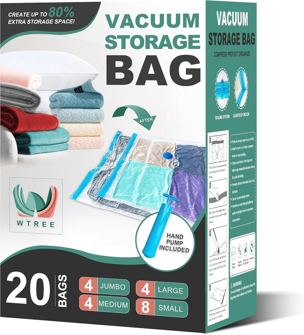 20 Pack Vacuum Storage Bags, Space Saver Bags, Vacuum Sealed Bags for Comforters, Blankets, Clothes Storage, Hand Pump Included (4 Jumbo/4 Large/4 Medium/8 Small) (Clear)