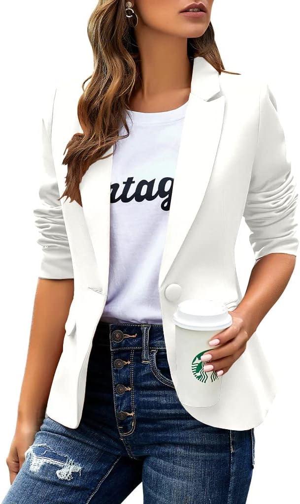 Womens Casual Blazers Long Sleeve Lapel Button Slim Work Office Blazer Jacket (Large, White)