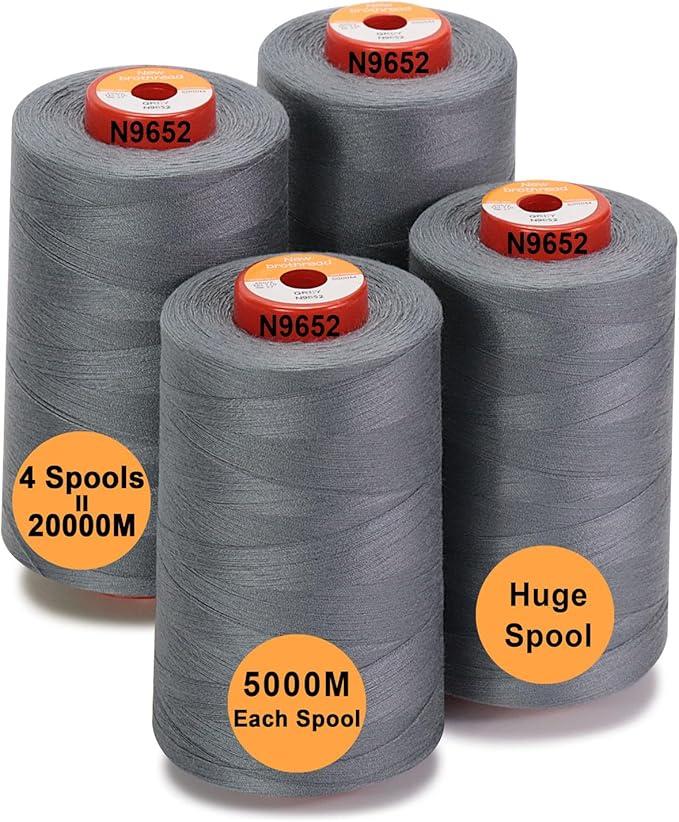 New brothread - 30 Options - 4 Large Cones of 5500Y (5000M) Each All Purpose Spun Polyester Thread 40S/2 (Tex27) for Serger, Overlock, Quilting, Piecing and Sewing - Grey