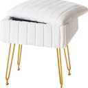 FUXA Vanity Stool Chair with Storage, White Faux Fur Makeup Chair with 4 Metal Legs and Anti-Slip Feet, Soft Padded Seat, Small Footrest Footstool Ottoman, Multifunctional Stool for Bedroom, 11.8"D x 15.7"W x 18.5"H