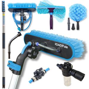 IGADPole 28 FT Water-Fed Washing Kit with Soap-Dispenser, Brush, 10 Squeegee & Cobweb Duster for Windows, Gutters, Solar Panels & Exterior Walls