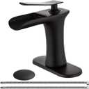 Wovier Matte Black Waterfall Bathroom Sink Faucet, Single Handle Single Hole Brass Lavatory Vanity Faucet, Basin Mixer Tap with Supply Hose and Pop Up Drain Assembly (Short Body)