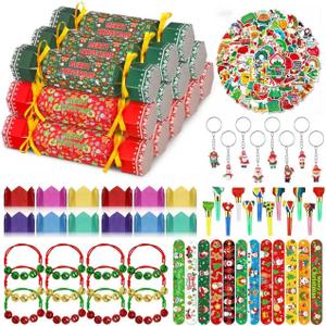 122 Pcs Christmas Crackers Set for Chrismas Party Favors Supplies, No- Snap Christmas Crackers with Gifts Includes Holiday Candy Box, Stickers, Keychains, and Small Stuff Xmas Holiday Dinner