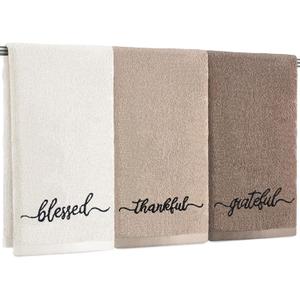 3 Pcs Brown and White Fingertip Towels 100% Cotton Fall Farmhouse Bathroom Hand Towels 12 x 18 in Decorative Embroidery Blessed Thankful Grateful for Thanksgiving Gift Home Decor