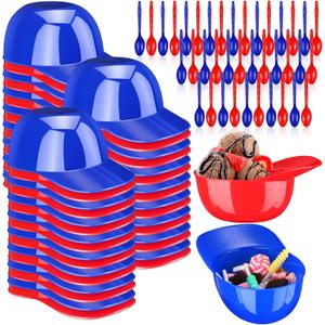 Sieral 36 Count Summer Baseball Helmet Snack Ice Cream Bowl 8 oz Mini Baseball Cap Plastic Dessert Sundae Candy Bowls with 36 Spoons for Kids Birthday Sports Party Supplies(Red, Dark Blue)