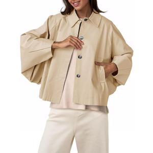 Cicy Bell Womens Cropped Jacket Lightweight Batwing Sleeve Trendy Casual Short Trench Coats Button Up Outerwear (Beige, M)