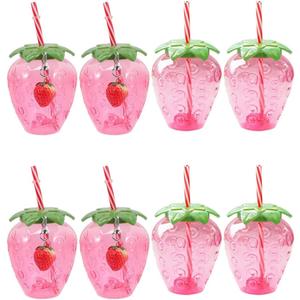 DOITOOL Strawberry Cups with Lids and Straws 8 Pcs Plastic Drinkware Set for Kids Girls Party Pool Birthday Summer Events Decorative Tumblers 2 Packs