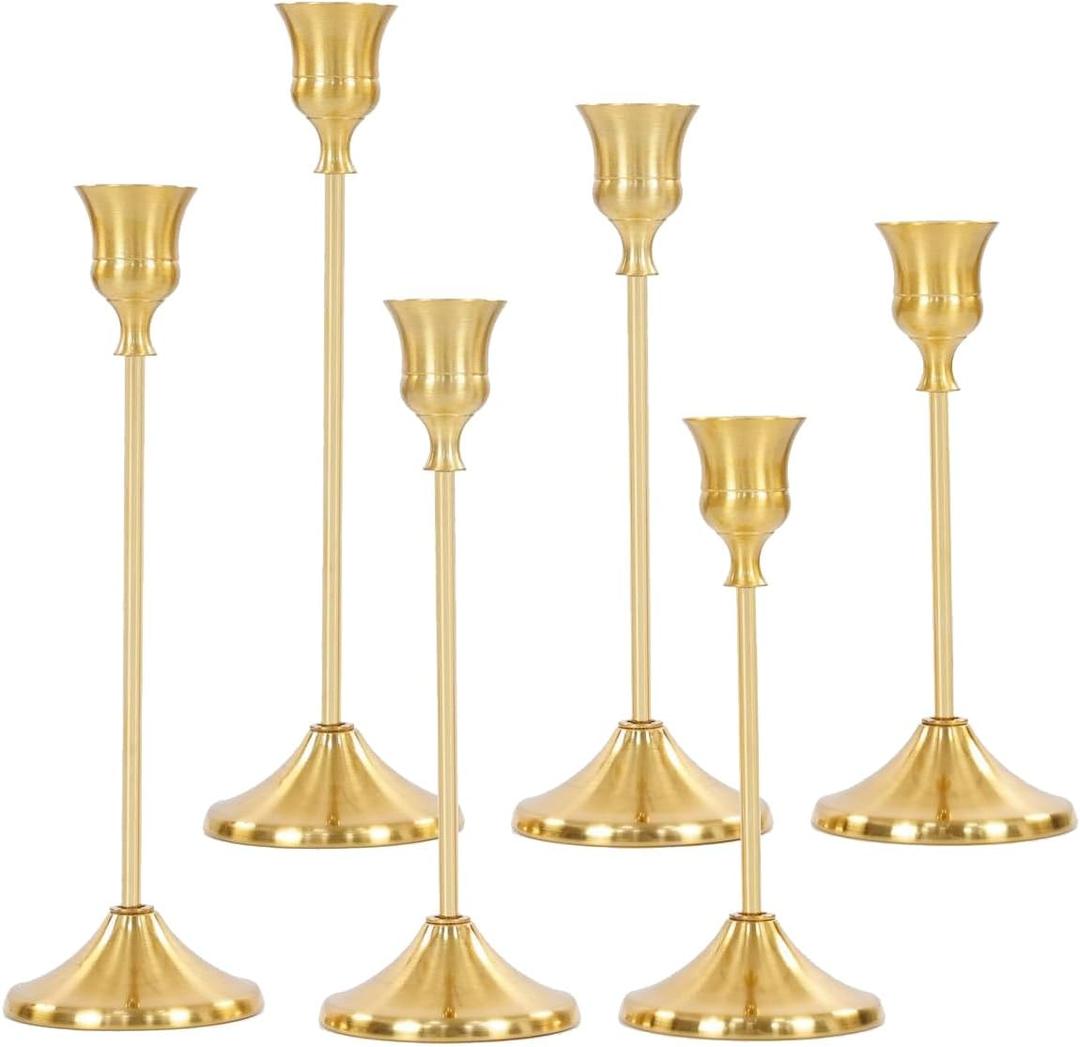 6Pcs Candlestick Holders,Brass Gold Metal Taper Candle Holder for Pillar Candles Sticks Holder for Wedding Fireplace Table Centerpiece Mantel Housewarming Gift
