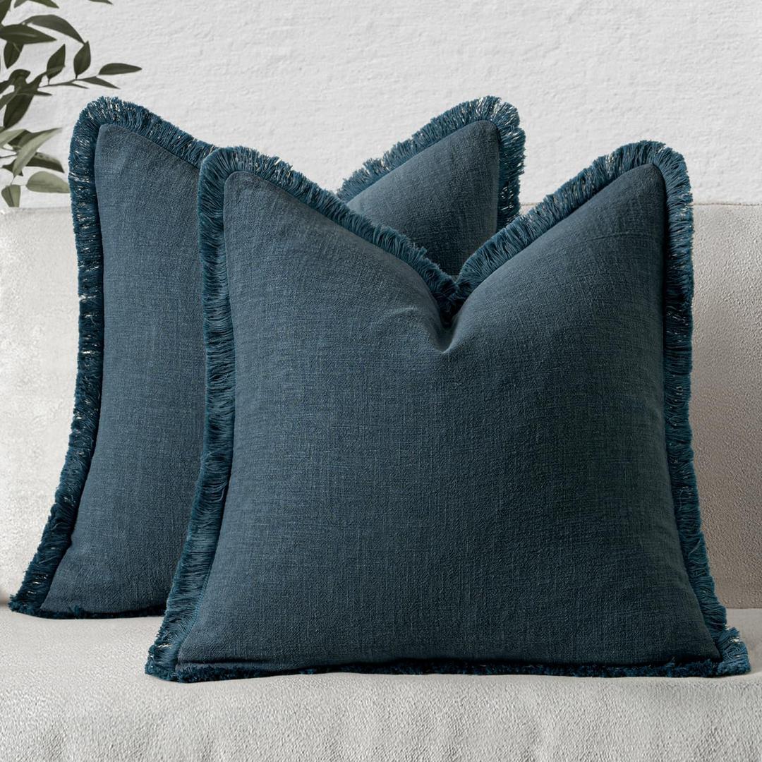 MIULEE Decorative Throw Pillow Covers Neutral Linen Fringe Throw Pillows Set of 2 Navy Blue Boho Farmhouse Cushion Covers with Tassels for Couch Sofa Bed Living Room Spring Home Decor 20x20 Inch