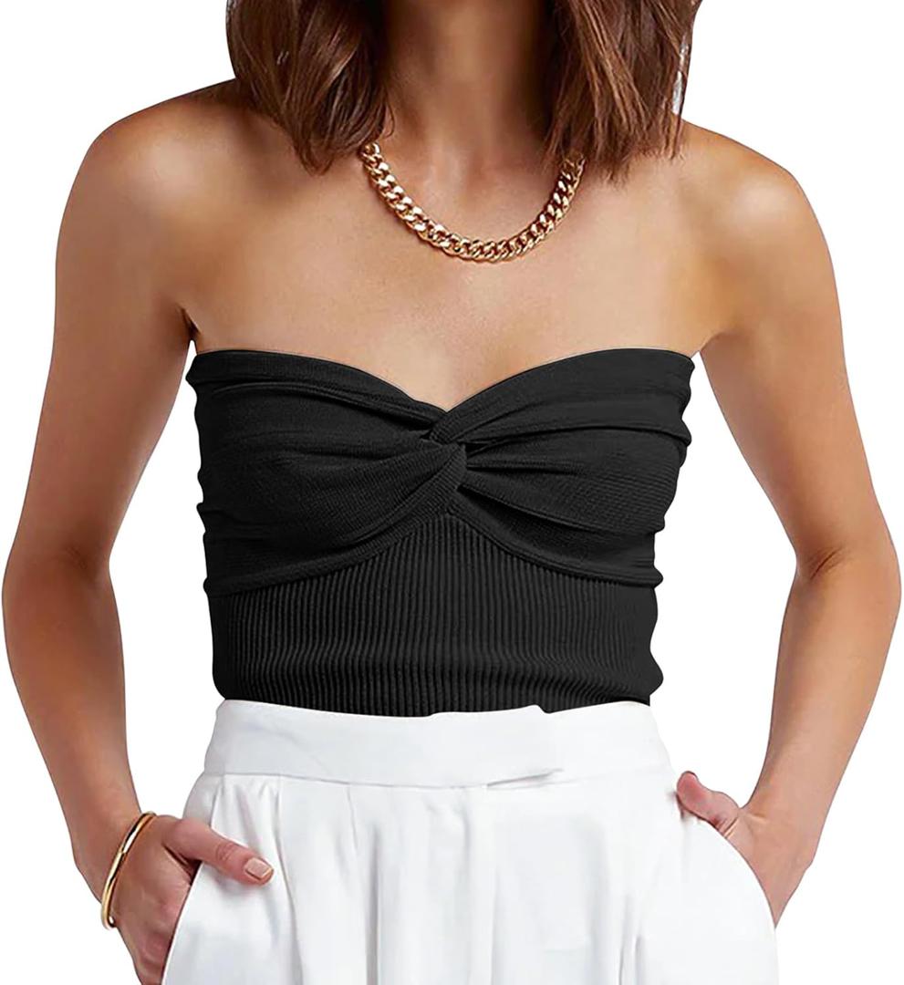 ANRABESS Tube Top for Women Summer Strapless Bandeau Knit Twist Knot Corset Crop Basic Tank Top 2025 Vacation Outfits Clothes (X-Small, Black)