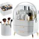 CANITORON Makeup Organizer, Skincare Organizer with 2 Drawers and Brush Storage Box, Lipstick Holder, Cosmetic Display Case for Vanity Organizer and Bathroom Countertop Storage (White)