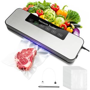 Vacuum Sealer for Food, Automatic Food Vacuum Sealer Machine, Precision Suction Power Compact 6-in-1 Food Sealer, Dry & Moist Modes with 50 Vacuum Bags and Air Suction Hose (Silver)