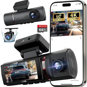 3 Channel 4K Dash Cam Front and Rear Inside, Built-in 5G WiFi,4K+1080P+1080P Dash Camera with 64GB Card,3.16” IPS Screen,Loop Recording, G-Sensor, 24H Parking Monitor, Night Vision(Rose Gold)