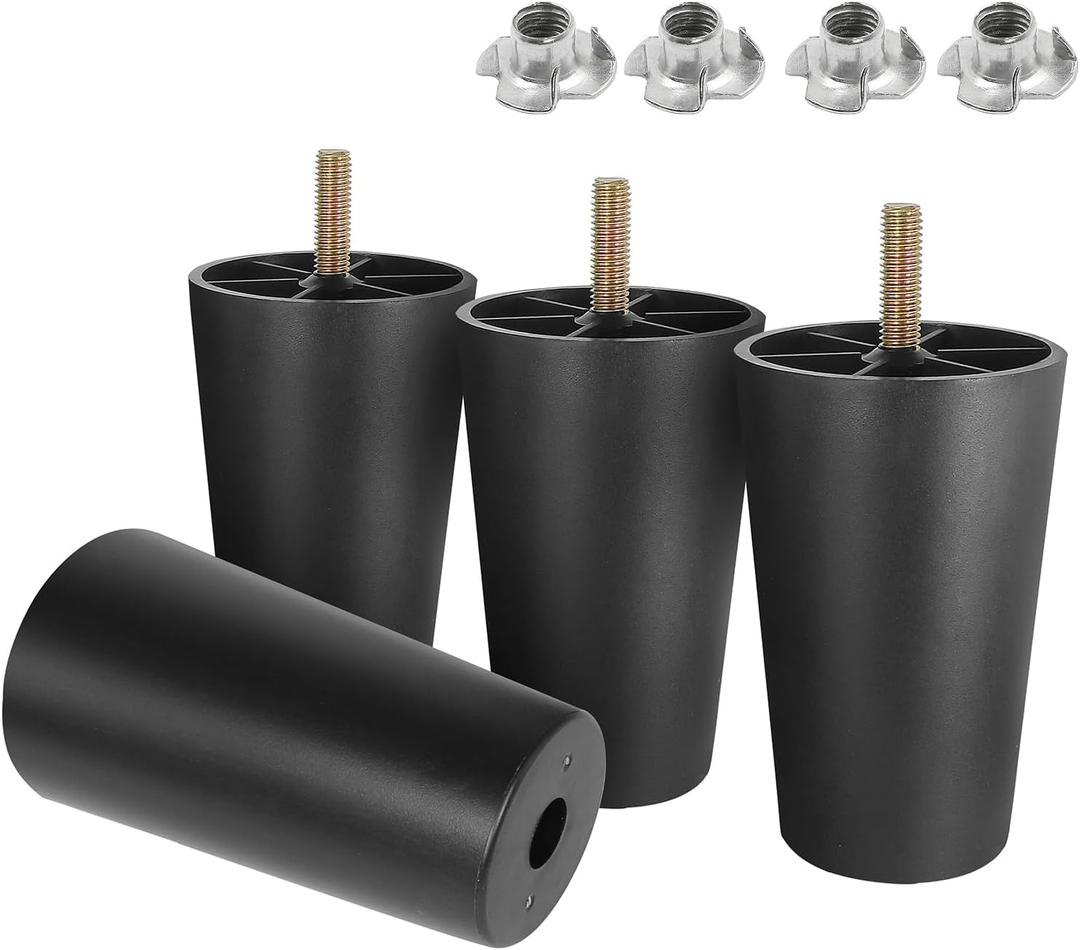 M8-1.25 Metric Thread Bolts Plastic Furniture Legs 4-3/4 Inch Black Round Tapered Sofa Feet with T-Nuts - Couch Feet Replacement - Couch Legs Set of 4-70 x 50 x 120mm