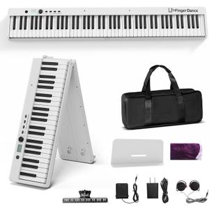 Finger Dance Folding Piano Keyboard 88 Keys, Portable Electric Keyboard with Bluetooth MIDI, Full Size Digital Piano, Wood Grain, Semi-Weighted, Touch Sensitive, with Storage Bag for Beginner