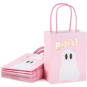 WRAPAHOLIC 12 Pack 7" Small Halloween Kraft Paper Gift Bags - Gold Foil Boo and Pink Ghost Gift Bag for Baby Shower, Holiday, Party Gift Wrap