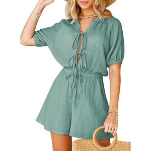Fixmatti Women's Short Sleeve Romper V Neck Self Tie Loose Mini Jumpsuits Celadon M