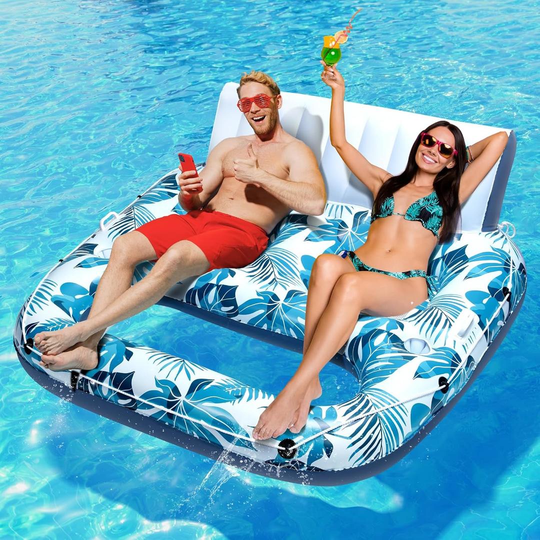 JCLEAL Pool Floats Adult 1-2-3 Person Inflatable Lounger, Extra Large Tanning Recliner Floaty Chair Raft with Backrest, Footrest, Cup Holder for Pool, Lake, River, Beach, Ocean & Party Use