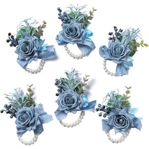 Meldel Dusty Blue Rose Wrist Corsage for Women, Set of 6, Wedding Bridal Corsage Hand Flower Decor for Prom Corsages Party Homecoming, Wristband Flowers for Bride Bridesmaid Girl Mother Wristlet Dcor