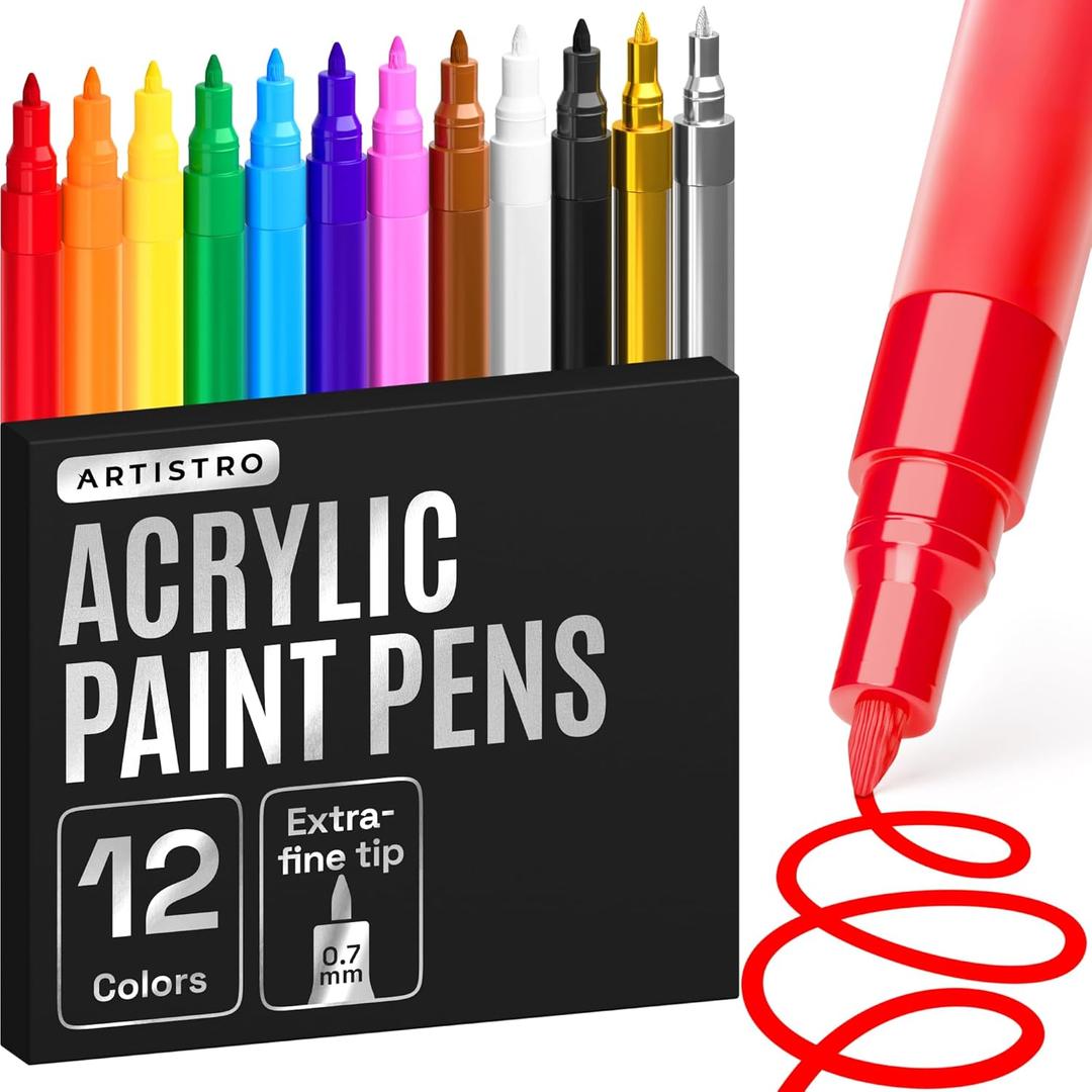 ARTISTRO 12 Regular Paint Pens for Glass Marking, Rock Painting, Ceramic, Wood, Fabric, Scrapbooking, DIY Craft Making, Coloring - Acrylic Paint Markers Extra-Fine Tip 0.7mm (Multicolor)