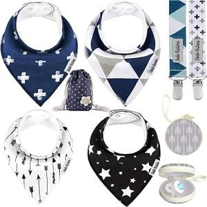 Dodo Babies Baby Bandana Drool Bibs For Girls + 2 Pacifier Clips + Pacifier Case in a Gift Bag, Pack of 4 Premium Quality 
