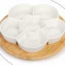 DEAYOU 11'' Lazy Susan Serving Tray, Porcelain Divided Platter with Silent Rotating Tray, Ceramic Appetizer Sectional Dish with Swivel Bamboo Tray for Chips and Dip, Nuts, Fruit, Veggie, Flower Shape