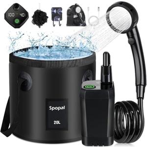 Spopal Portable Shower for Camping, Rechargeable Camping Shower with Collapsible Bucket with Handle 20L Intelligent LED Display, 4 Spray Modes, Outdoor Shower Kit for Hiking, Travel, Car, Pet Black