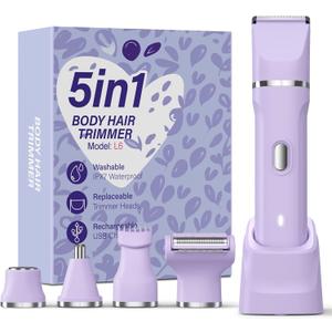 5-in-1 Bikini Trimmer for Women, IPX7 Waterproof Electric Razors Shaver, Cordless Body Hair Trimmer, Facial & Pubic Hair Removal, Ceramic Blade (Purple)