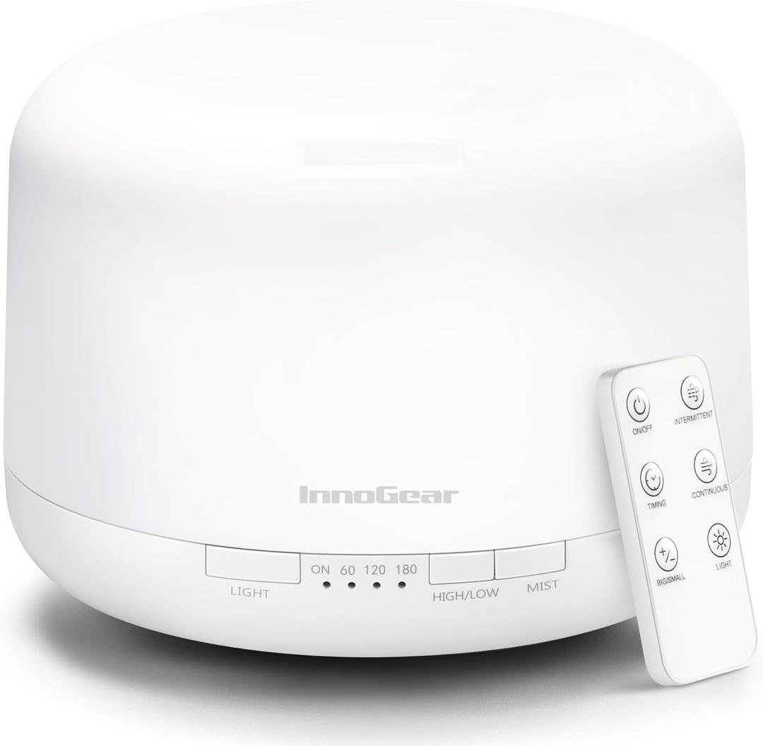 InnoGear 500ml Essential Oil Diffuser with Remote Control, Premium Ultrasonic Aromatherapy Diffusers Mother's Gift Scent Humidifier Vaporizer Auto-Off Timer for Large Room Home, Basic White