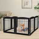 LZRS 6-Panel Extra Wide Wooden Freestanding Dog Gate: Foldable Solid Wood and Steel Wire Chew Resistant Safety Barrier for Doorways, Stairs, and Open Long Spaces Indoor Use, Black