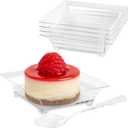 100 Pack 1 oz Mini Dessert Plates - Small Plastic Appetizer Plates with Spoons Reusable Square Individual Serving Trays for Hors D'oeuvres